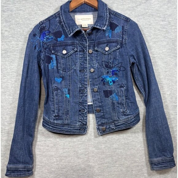 Pilcro & The Letterpress Anthropologie Floral Embroidered Denim‎ Jacket XS Blue - Picture 1 of 7